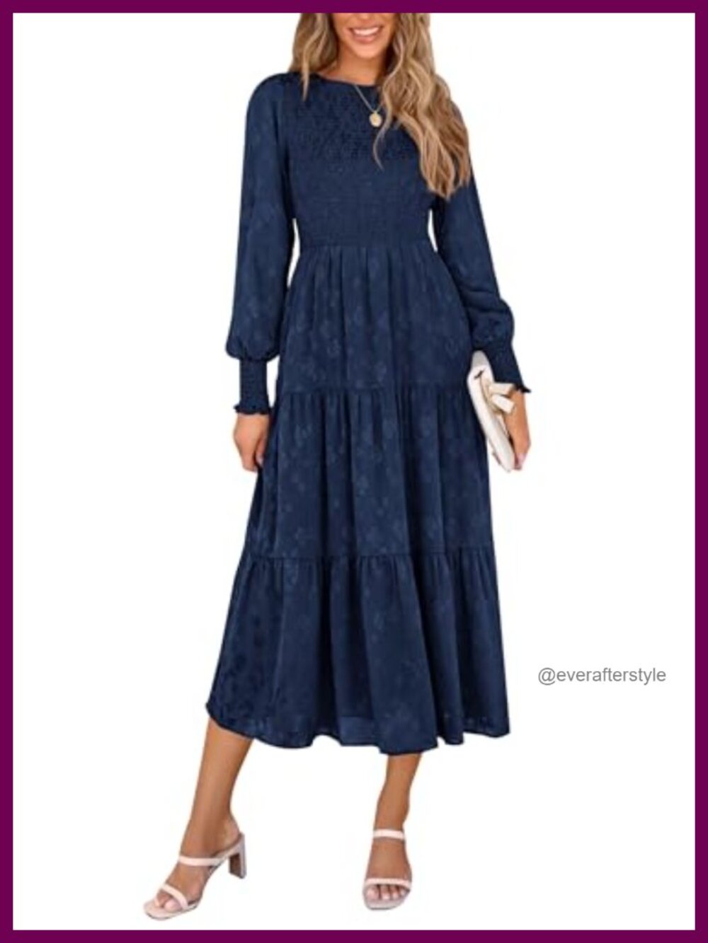 Women's Midi Dress Long Sleeve Fit and Flare Puff Sleeve Wedding Guest